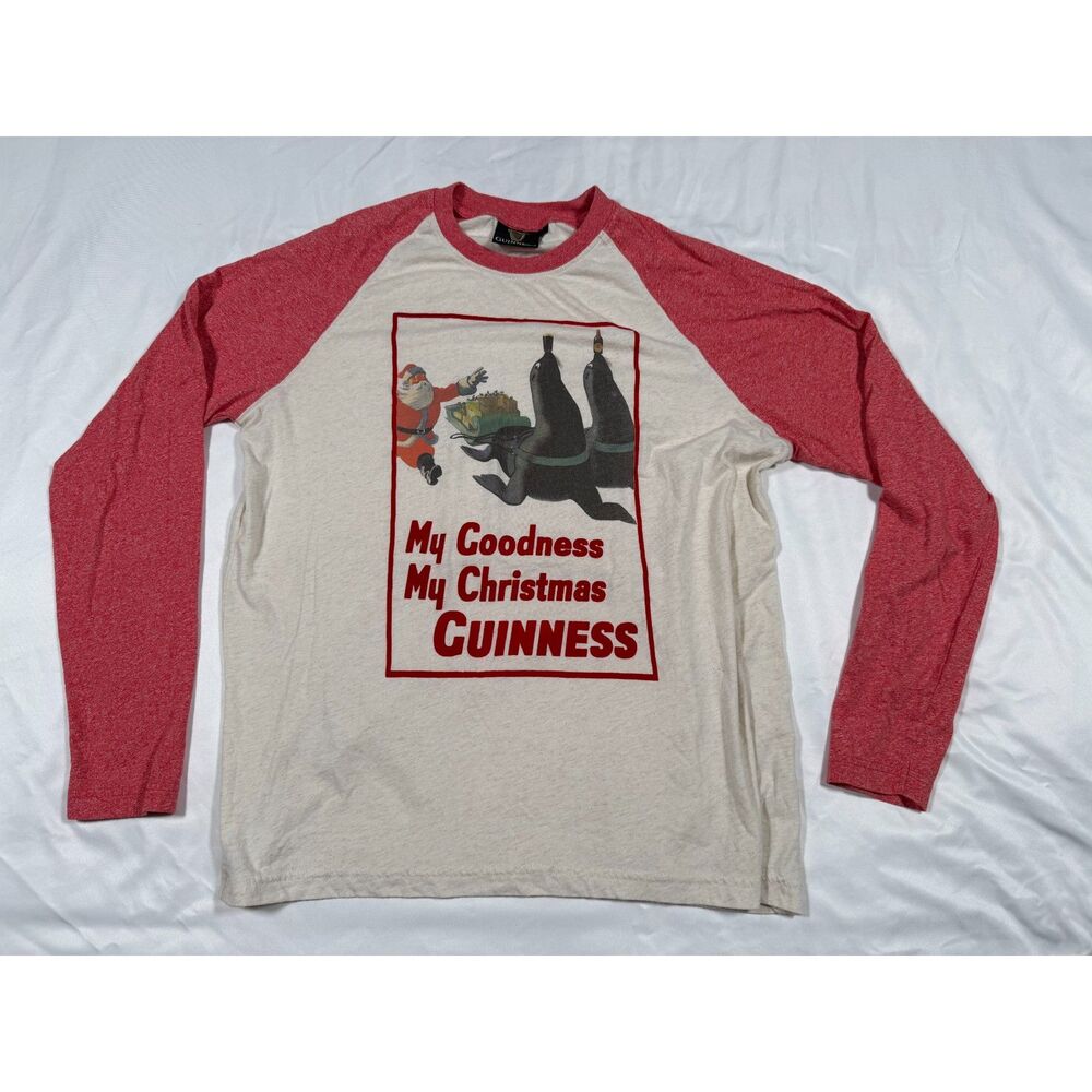 Guinness Christmas Raglan Shirt Large Red White Vintage Graphic Sea Lion Santa